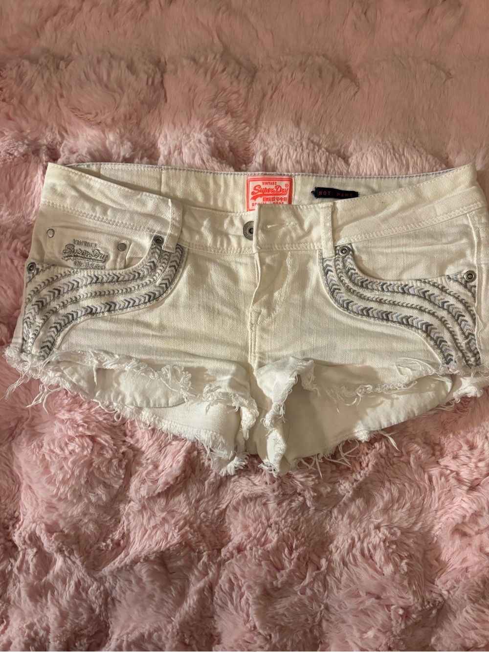 Superdry White Frayed Denim Cutoff Shorts with Embroidered Trim
